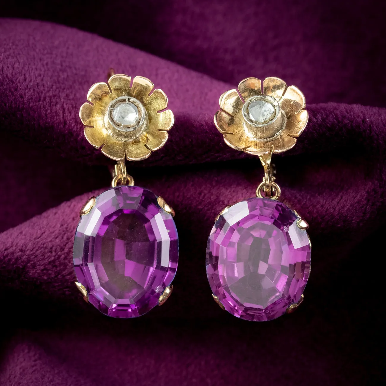 Vintage Synthetic Alexandrite Diamond Drop Earrings 14ct Gold