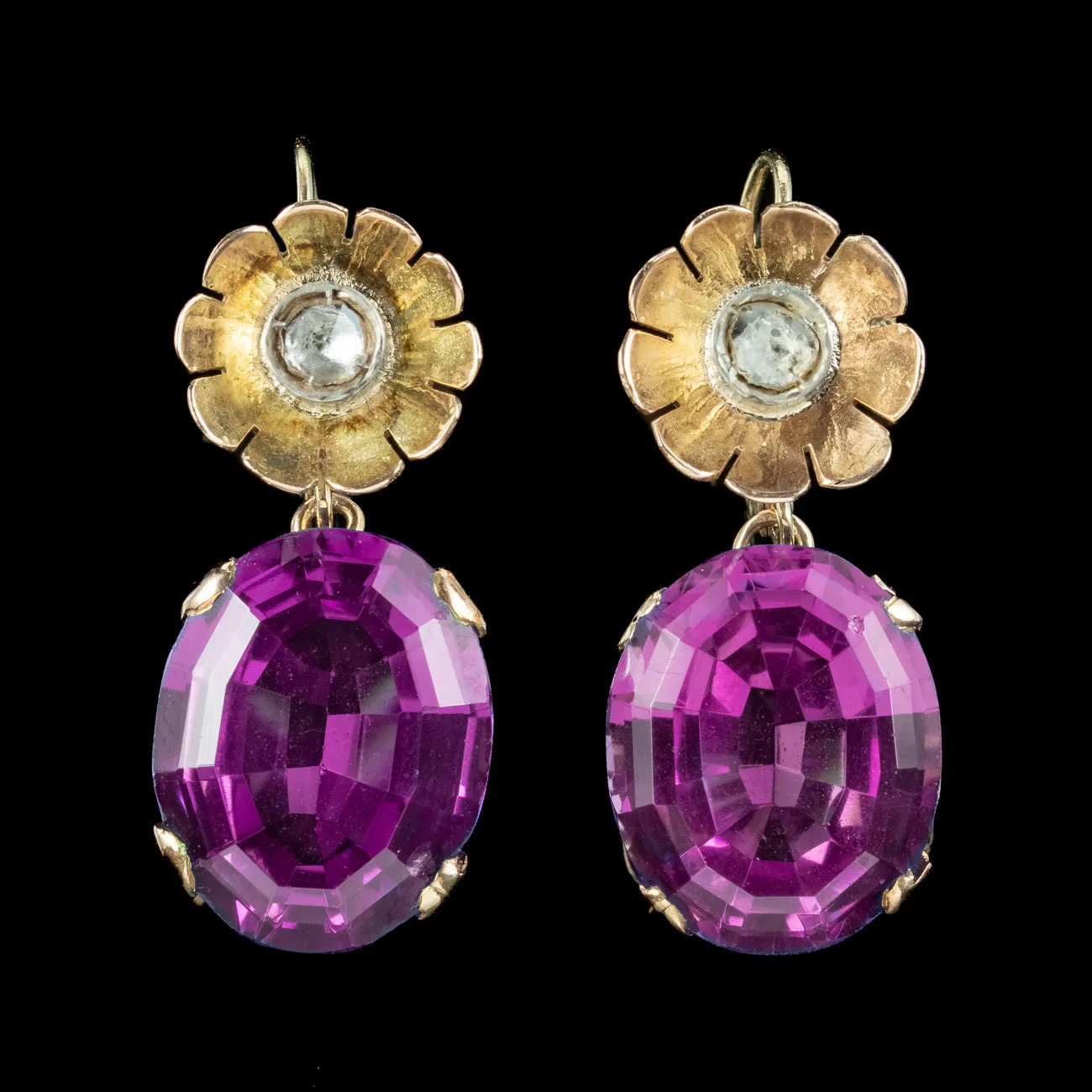 Vintage Synthetic Alexandrite Diamond Drop Earrings 14ct Gold