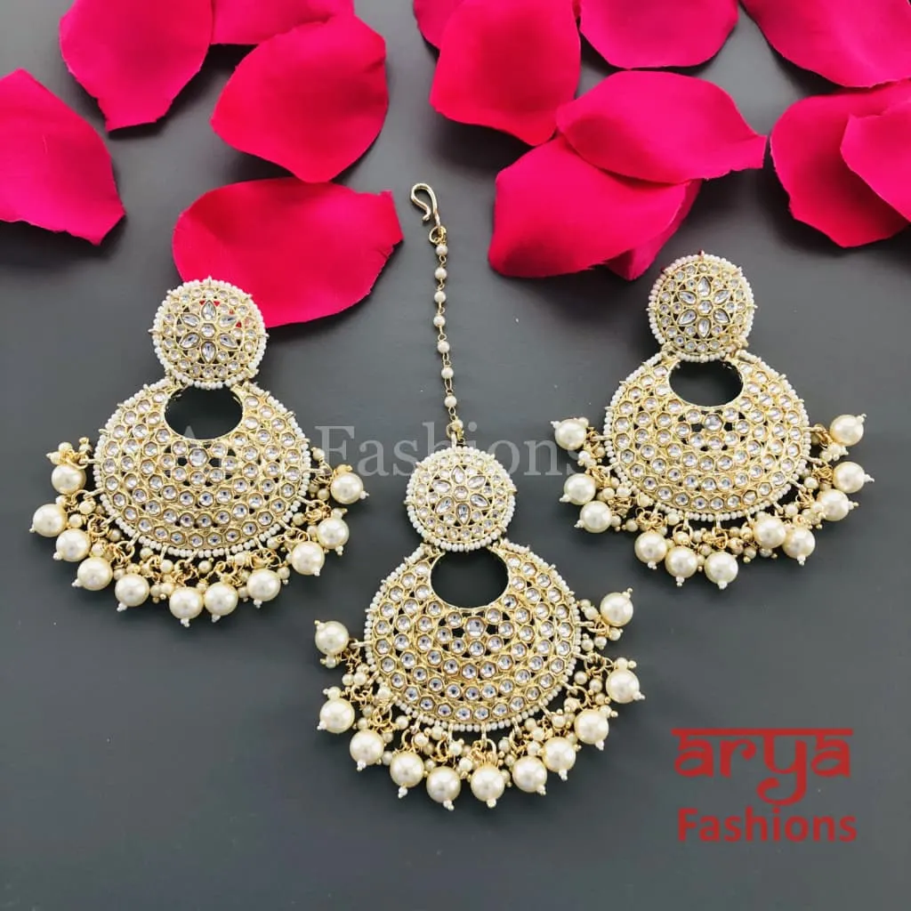 White Mang Tika and Big Chandbali Earrings Combo Set